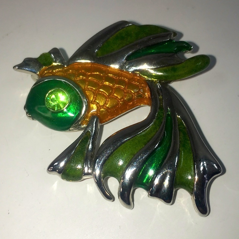 Fancy Gold Fish enamel pin green silver 1 3/4"